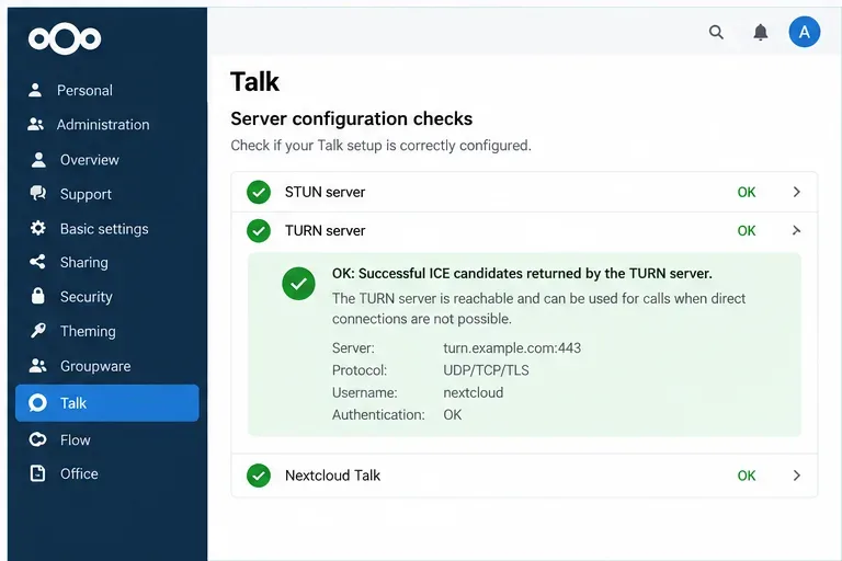 Nextcloud Talk 관리 점검 예시로, STUN 및 TURN 상태가 성공적으로 표시되고 사용 가능한 ICE 후보가 있음을 보여줍니다.