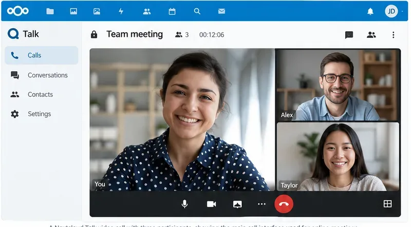 참가자 3명과 표준 통화 제어 기능이 표시된 Nextcloud Talk 그룹 통화 레이아웃 예시입니다.