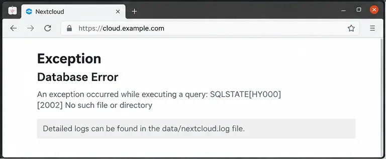 صفحة متصفح Nextcloud تعرض استثناءً وخطأ في قاعدة البيانات بعد التحديث