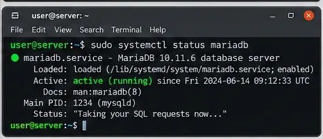 يعرض الطرفية حالة خدمة MariaDB على أنها نشطة وقيد التشغيل
