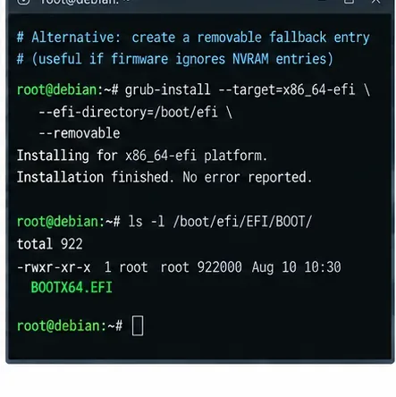Debian 終端機顯示 grub-install 指令，並啟用了可移除選項，EFI/BOOT 目錄下有一個 BOOTX64.EFI 檔案。