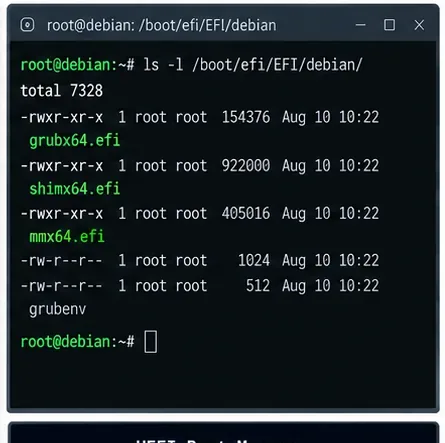 Debian 終端機列出 /boot/efi/EFI/debian 目錄下的 GRUB 和 shim EFI 文件