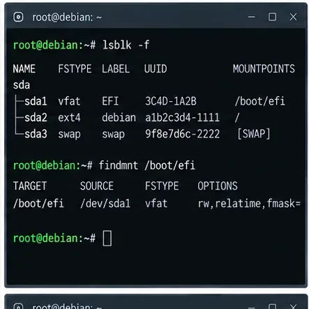 Debian 終端機顯示一個掛載在 /boot/efi 的 FAT EFI 系統分割區和一個 ext4 Debian 根分割區。