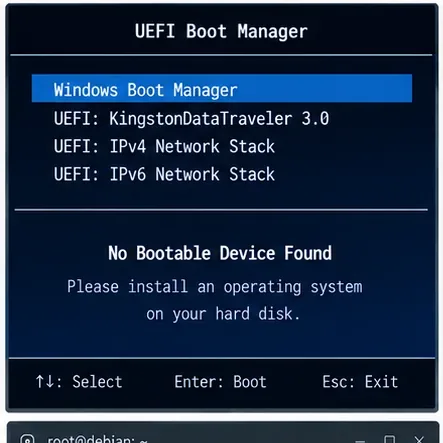 UEFI 啟動管理器顯示 Windows 啟動管理器、UEFI USB 設備，以及「未找到可啟動設備」訊息。