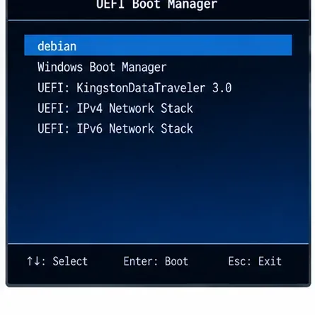 UEFI 啟動管理器顯示，Debian 啟動項目優先於 Windows 啟動管理器和網路啟動選項。