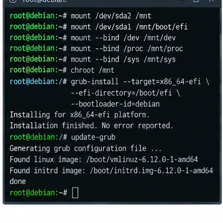 Debian救援終端掛載已安裝的系統，進入chroot環境，重新安裝x86_64 EFI GRUB，並執行update-grub指令。