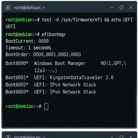 Debian 終端機確認救援會話正在 UEFI 模式下運行，並顯示 efibootmgr 輸出