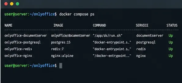터미널에서 `docker compose ps` 명령어를 실행하면 ONLYOFFICE Document Server 및 지원 컨테이너가 모두 실행 중(Up) 상태로 표시됩니다.