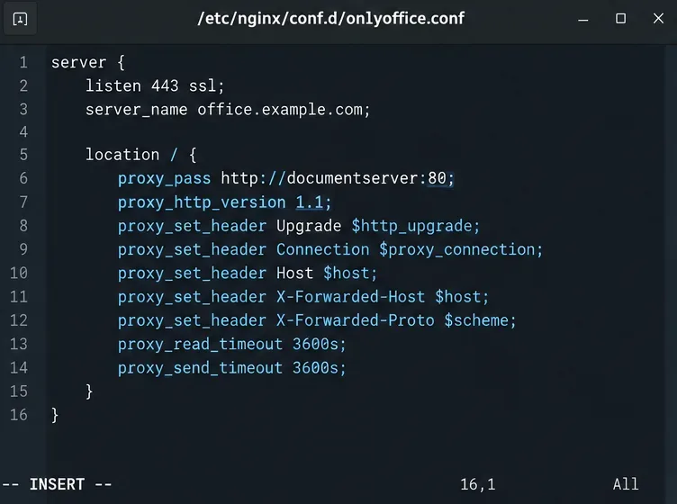 NGINX 설정 편집기에서 프록시 HTTP 1.1, 업그레이드 및 연결 헤더, 전달된 호스트 및 프로토콜 헤더, 그리고 긴 읽기 시간 초과를 확인할 수 있습니다.
