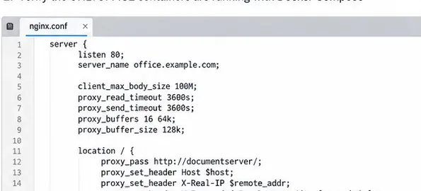 ONLYOFFICE 문서 서버에 대한 전달 헤더 및 프록시 설정을 보여주는 NGINX 구성 편집기