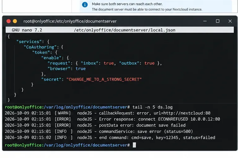 ONLYOFFICEの設定とログビュー(JWT設定とNextcloudへのコールバック接続拒否を示す)