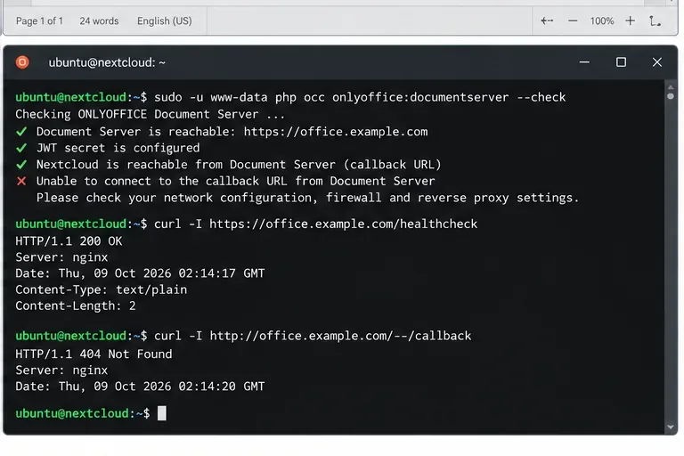 ONLYOFFICEコネクタのチェックとコールバック接続失敗を示すターミナルの例