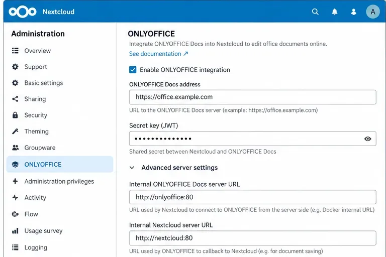 Nextcloud ONLYOFFICEの管理ページ(ドキュメントサーバーのURL、JWTシークレットフィールド、内部サーバーアドレスフィールドを表示)