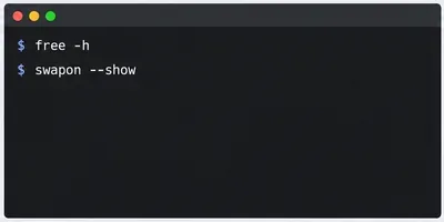 Una ventana de terminal de Linux que muestra los comandos free -h y swapon --show