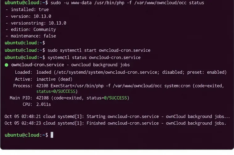 Terminal de Ubuntu que muestra el estado de ownCloud occ, un inicio manual de owncloud-cron.service mediante systemctl y estado 0 ÉXITO