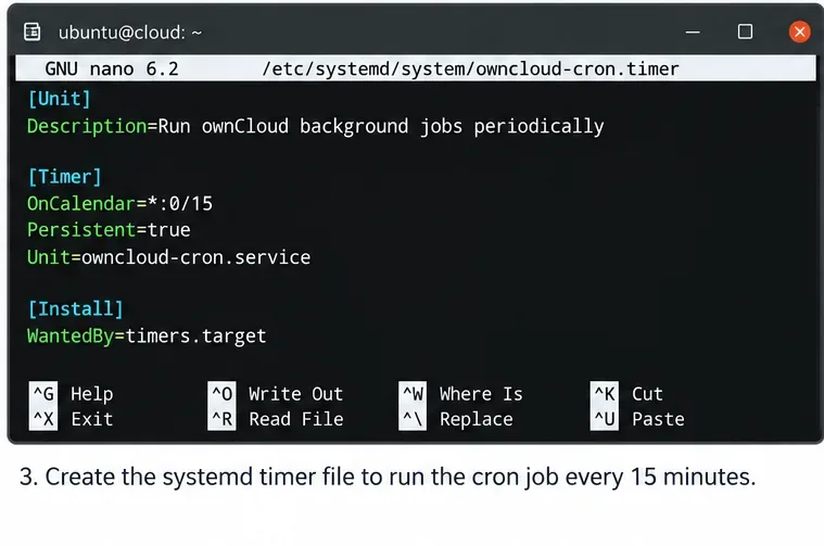 Ventana de GNU nano que muestra una unidad owncloud-cron.timer con OnCalendar cada 15 minutos, Persistent true y el servicio owncloud-cron.