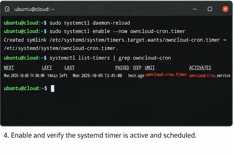 Terminal de Ubuntu que muestra owncloud-cron.timer habilitado y una entrada en list-timers con activaciones anteriores y siguientes.