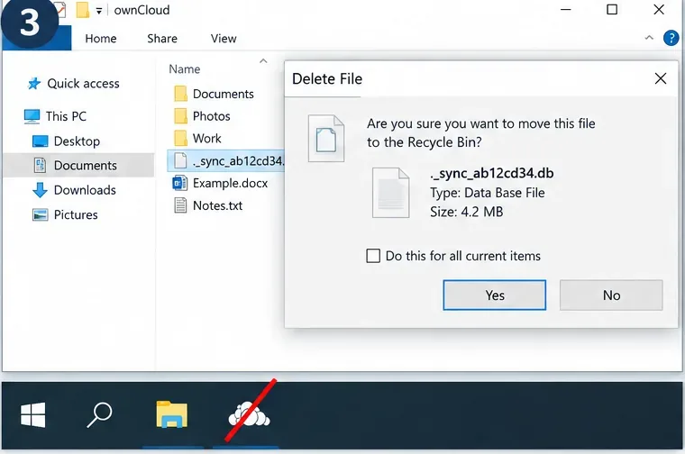 Illustrazione della procedura per eliminare il file nascosto ._sync_ab12cd34.db da una cartella di sincronizzazione di ownCloud dopo la chiusura dell'applicazione desktop.