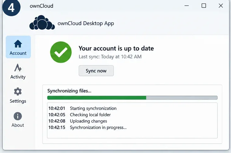 Illustrazione dell'app desktop ownCloud dopo il riavvio, che mostra un messaggio di aggiornamento dell'account e l'avanzamento della sincronizzazione.