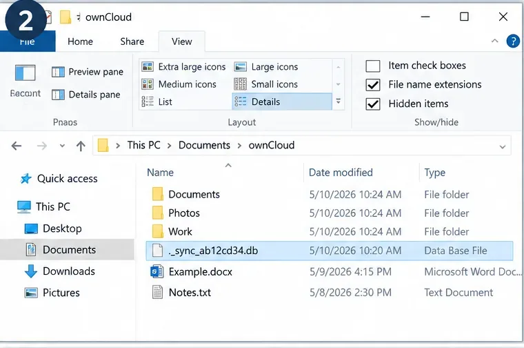 Illustrazione di Esplora file di Windows con la visualizzazione degli elementi nascosti abilitata e un file nascosto ._sync_ab12cd34.db selezionato in una cartella di ownCloud.