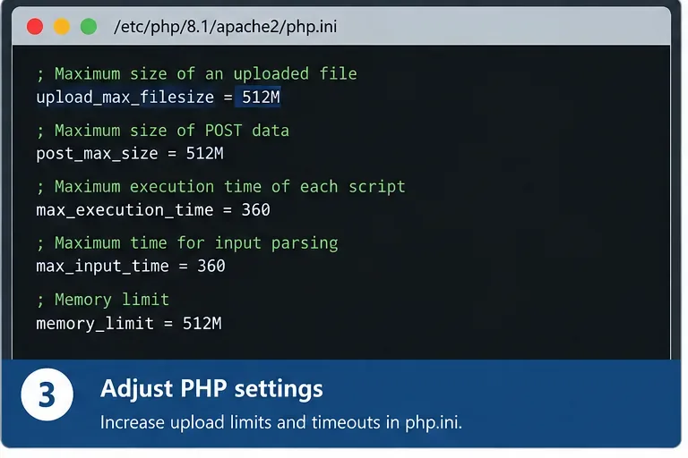 Editor de configuración que muestra el tamaño de carga de PHP, el tiempo de entrada, el tiempo de ejecución y la configuración de memoria.