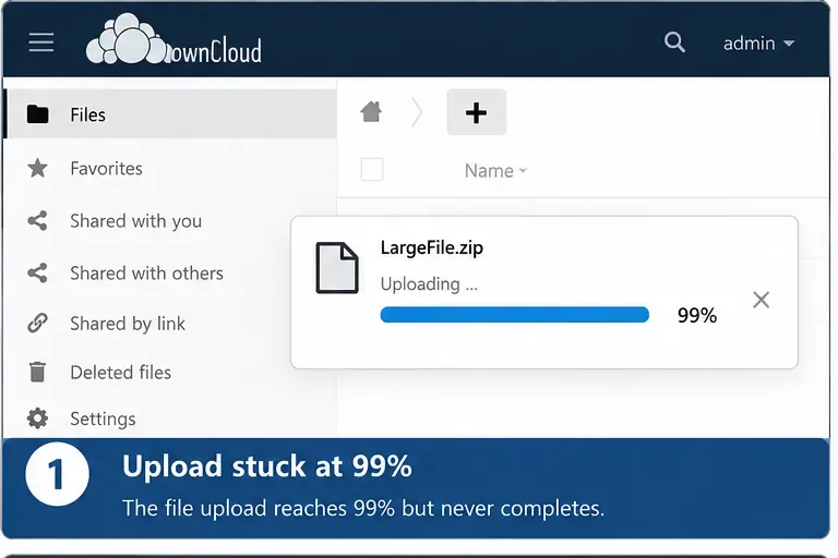 El panel de carga de ownCloud muestra un archivo ZIP grande al 99 por ciento.