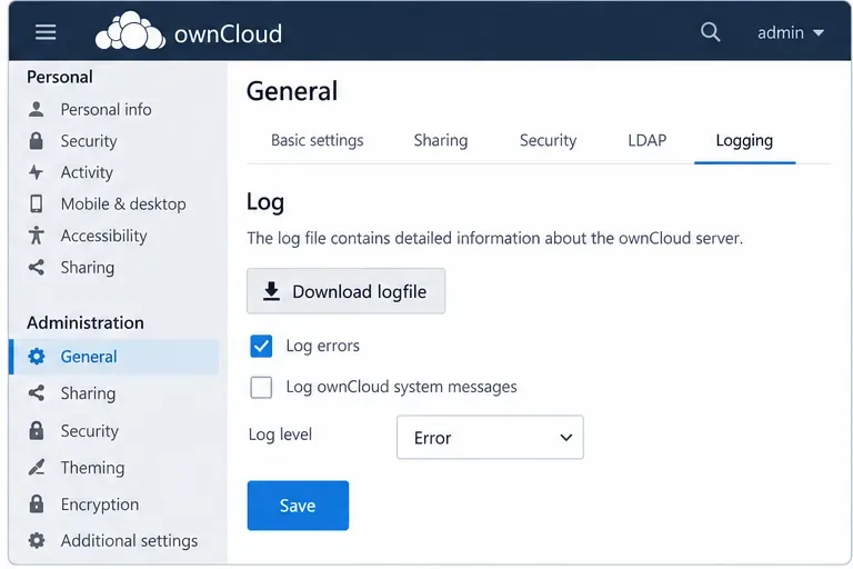 Página de administración de ownCloud con controles de registro y un botón para descargar el archivo de registro.