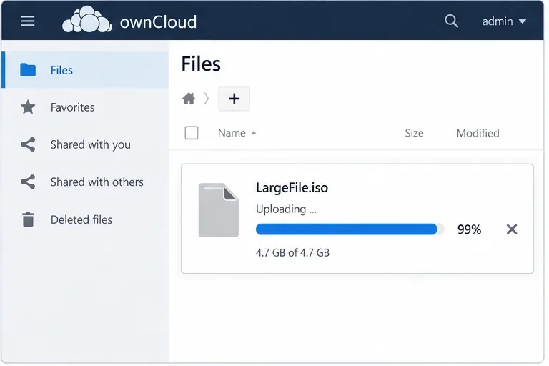 La vista de archivos de ownCloud muestra que la carga de un archivo grande se detuvo al 99 por ciento.