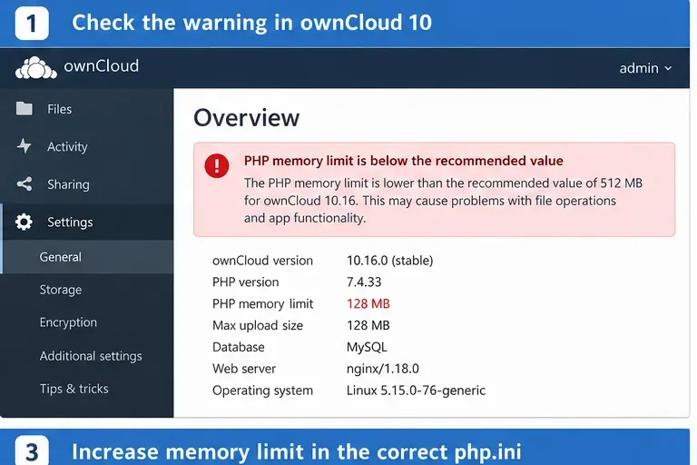 Solucionar el error “Límite de memoria PHP por debajo del valor recomendado” en ownCloud 10
