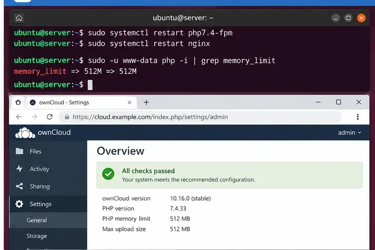 El terminal reinicia PHP-FPM y Nginx, y una descripción general de ownCloud muestra el límite de memoria de PHP en 512 MB con comprobaciones superadas.