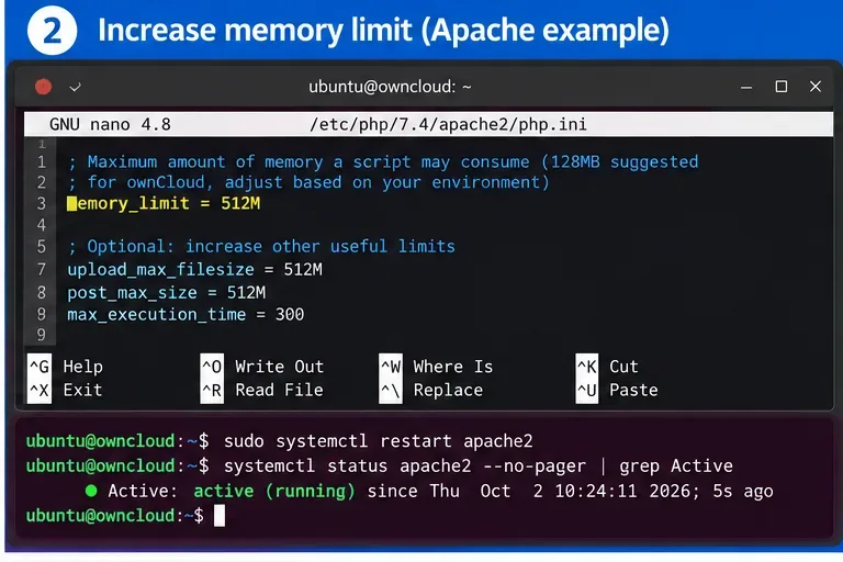 El editor Nano muestra el límite de memoria establecido en 512M en el archivo php.ini de Apache, seguido de un comando de reinicio de Apache.