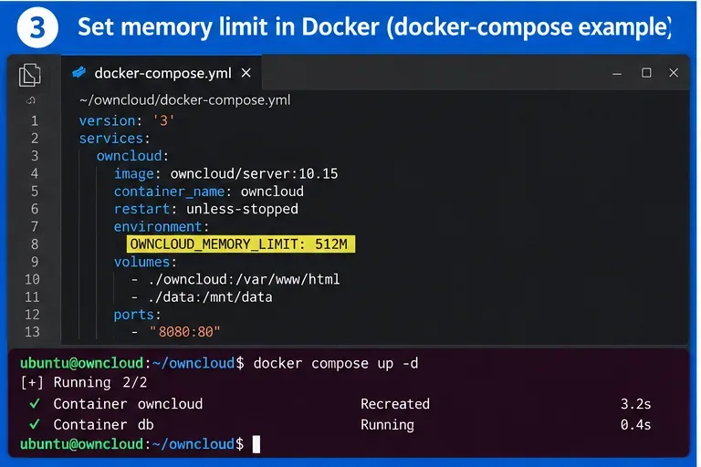 Archivo Docker Compose que muestra OWNCLOUD_MEMORY_LIMIT establecido en 512M y el contenedor ownCloud siendo recreado.