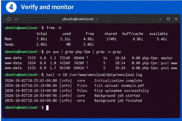 Terminal de Ubuntu que muestra la memoria libre, los procesos de trabajo de PHP-FPM y las entradas recientes del registro de ownCloud.