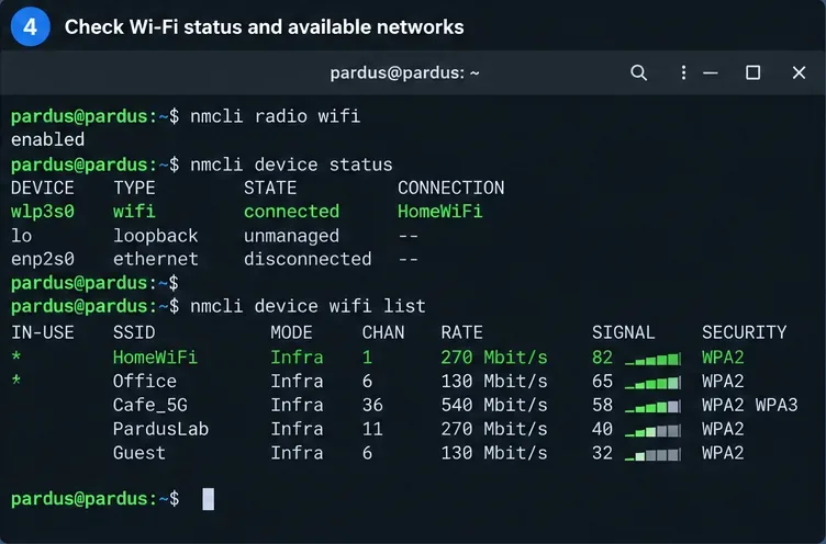 หน้าจอเทอร์มินัล Pardus แสดงสถานะการเปิดใช้งาน Wi-Fi การเชื่อมต่ออินเทอร์เฟซไร้สาย และเครือข่ายที่ใช้งานได้