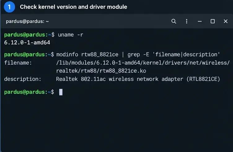 เทอร์มินัล Pardus ตรวจสอบเวอร์ชันเคอร์เนล Linux และข้อมูลโมดูล rtw88_8821ce