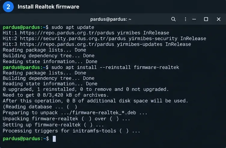 Pardus terminal กำลังติดตั้งแพ็คเกจ firmware-realtek ใหม่โดยใช้ apt