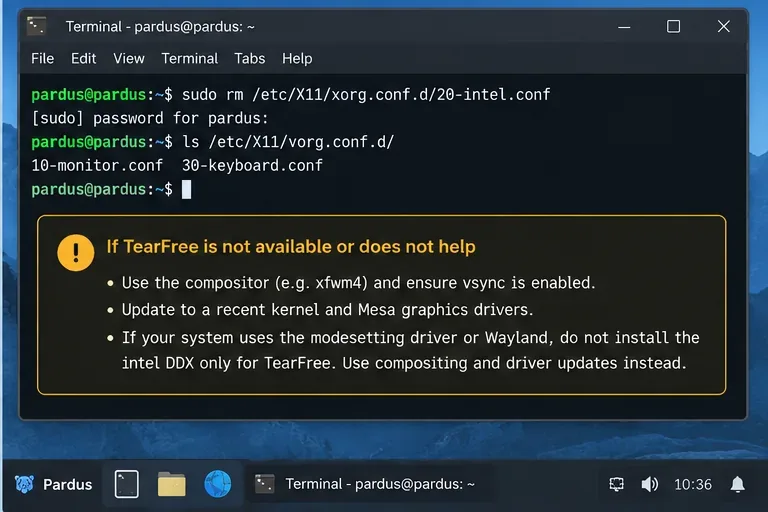 โปรแกรม Pardus Terminal จะลบเฉพาะไฟล์ 20-intel.conf และข้อความแนะนำการแก้ไขปัญหา ซึ่งแนะนำให้ทำการซิงโครไนซ์คอมโพสิเตอร์ อัปเดตกราฟิก และหลีกเลี่ยงการติดตั้ง Intel DDX ที่ไม่จำเป็น
