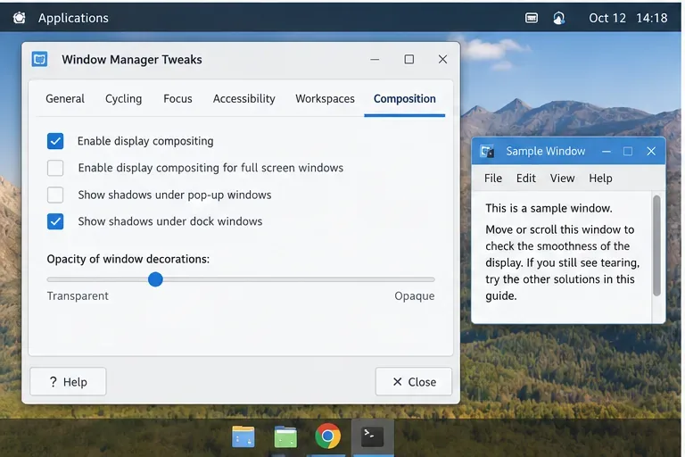 หน้าต่างปรับแต่ง Pardus Xfce Window Manager จะเปิดขึ้นในแท็บ Compositor โดยเปิดใช้งานการแสดงผลแบบคอมโพสิต และมีหน้าต่างตัวอย่างอยู่ข้างๆ