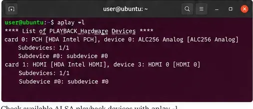 เทอร์มินัล Ubuntu แสดงผลลัพธ์ของคำสั่ง aplay -l โดยใช้ทั้งอุปกรณ์อนาล็อกในตัวและอุปกรณ์เล่น HDMI