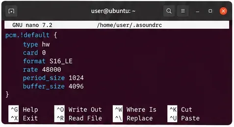 การใช้ GNU nano บน Ubuntu เพื่อแก้ไขไฟล์ .asoundrc ของผู้ใช้ โดยกำหนดค่าฮาร์ดแวร์ PCM, อัตรา 48000 Hz, ขนาดคาบ 1024 และขนาดบัฟเฟอร์ 4096