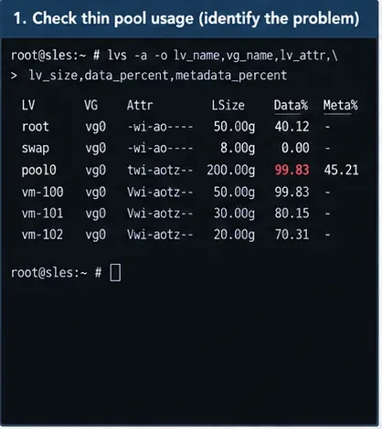 SUSE Linux 터미널에서 lvs 출력 결과가 표시되는데, 씬 풀에서 데이터 사용량이 거의 100%에 가깝고 메타 사용량은 더 낮습니다.