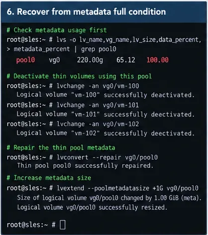 Solucione de forma segura el problema de falta de espacio en el aprovisionamiento ligero LVM de SUSE Linux Enterprise.