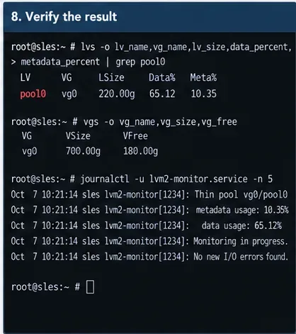 SUSE Linux 터미널 화면에 데이터 및 메타데이터 비율이 낮아지고, VG 여유 공간이 확보되었으며, 모니터링 로그가 정상인 복구된 씬 풀이 표시됩니다.