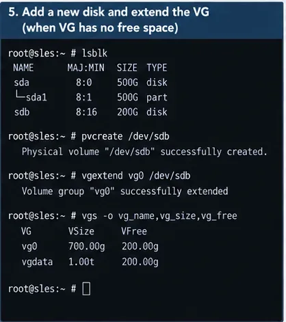 SUSE Linux 터미널 화면에 lsblk 명령으로 디스크를 확인하고 pvcreate 명령으로 초기화한 후 vgextend 명령으로 볼륨 그룹에 추가한 결과가 표시됩니다.