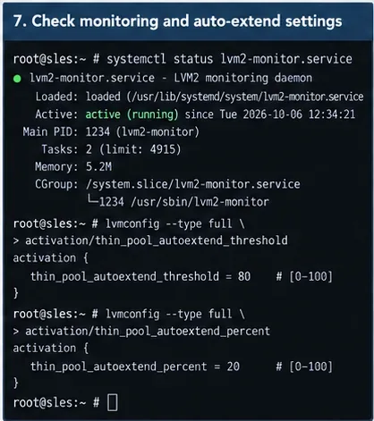 SUSE Linux 터미널에서 lvm2-monitor 활성 상태와 LVM 씬 풀 자동 확장 임계값 및 백분율 설정이 표시됩니다.