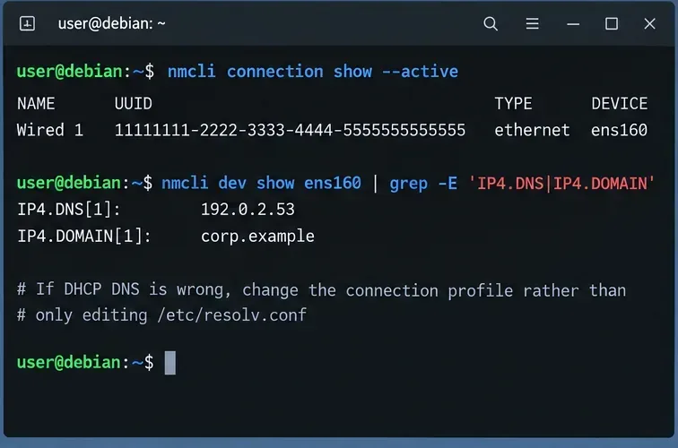 ใช้คำสั่ง nmcli ในเทอร์มินัลเพื่อแสดงการเชื่อมต่อ NetworkManager ที่ใช้งานอยู่และข้อมูล DNS สำหรับอินเทอร์เฟซ ens160