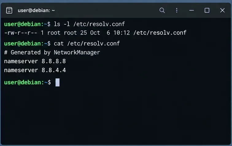 หน้าต่างเทอร์มินัลแสดงไฟล์ /etc/resolv.conf เป็นไฟล์ปกติที่มีเซิร์ฟเวอร์ DNS ที่สร้างโดย NetworkManager
