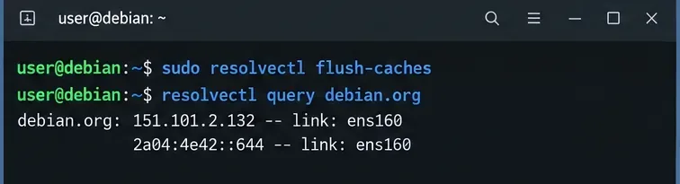 เทอร์มินัลกำลังล้างแคช systemd-resolved และสอบถามข้อมูลจาก debian.org ด้วย resolvectl