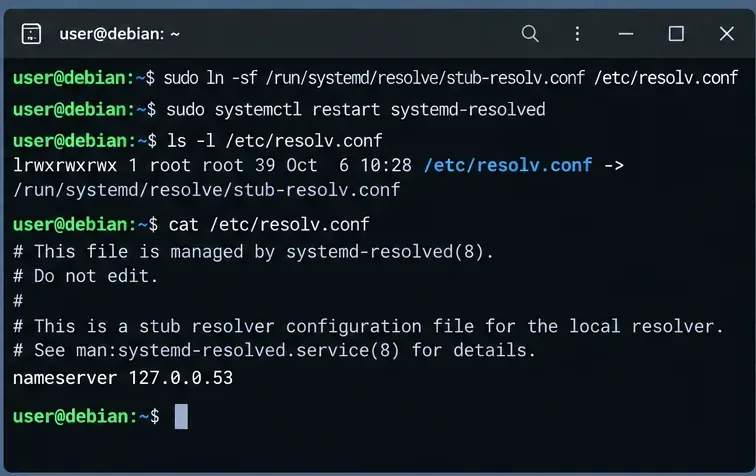 เทอร์มินัลกำลังกู้คืน /etc/resolv.conf ไปยัง symlink stub-resolv.conf ที่ systemd-resolved และแสดง nameserver 127.0.0.53