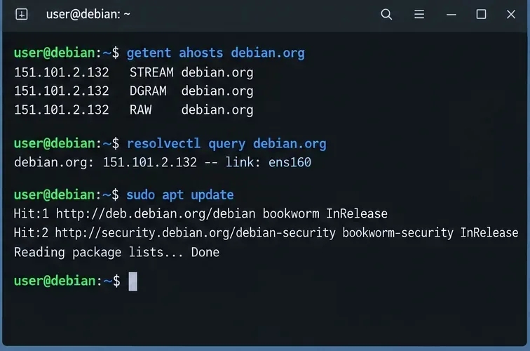 ตรวจสอบ DNS ในเทอร์มินัลด้วยคำสั่ง getent และ resolvectl ตามด้วยการอัปเดต Debian apt สำเร็จ